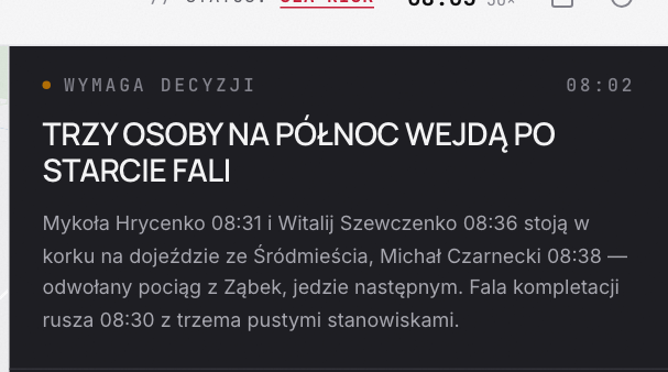 Panel wymagający decyzji z listą osób, które nie zdążą na start zmiany