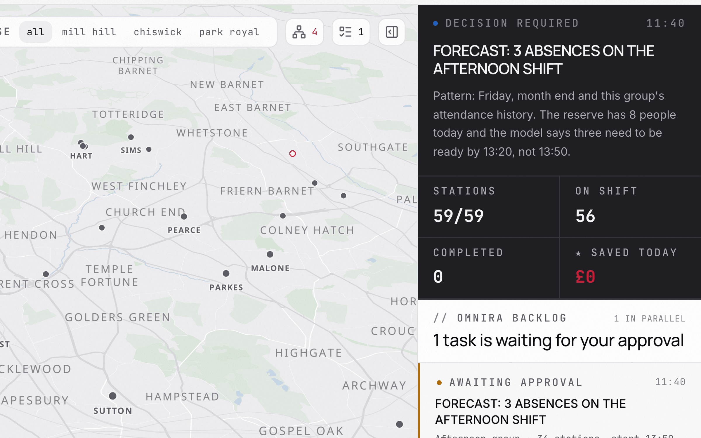 Omnira decision card: a predicted afternoon absence waiting for approval