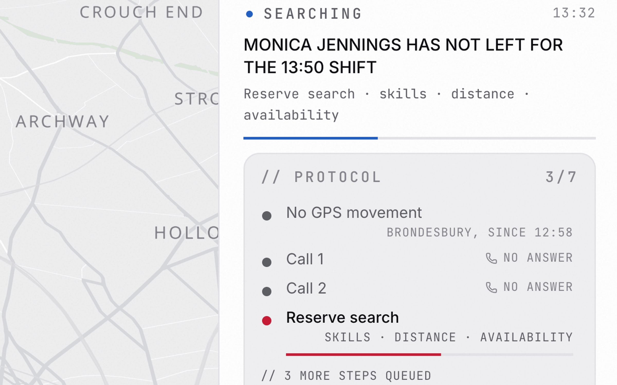 Omnira protocol: no GPS movement, two unanswered calls, reserve pool search