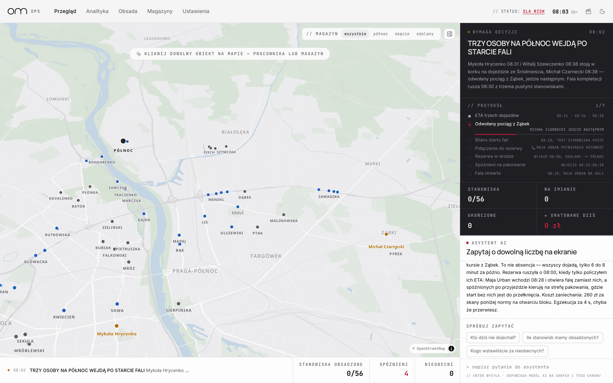 Mapa z pracownikami w drodze na zmianę i licznikiem obsadzonych stanowisk
